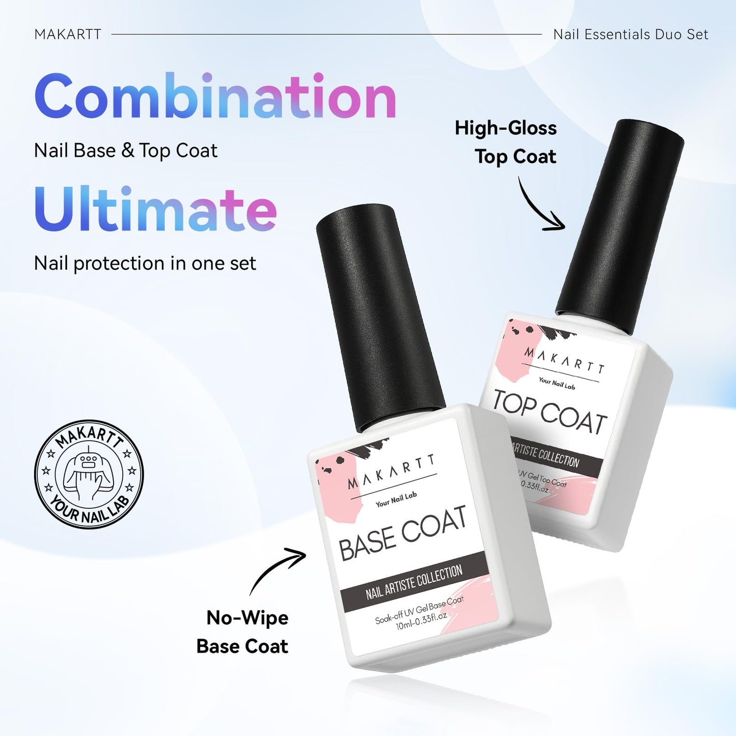 Makartt 2 Pcs Gel Top Coat and Base Coat Set - No Wipe Shine Finish Soak Off Base Top Coat Long Lasting for Gel Nail Polish, LED UV Lamp Needed, Salon Quality Nail Manicure Spring Gifts, 10ML
