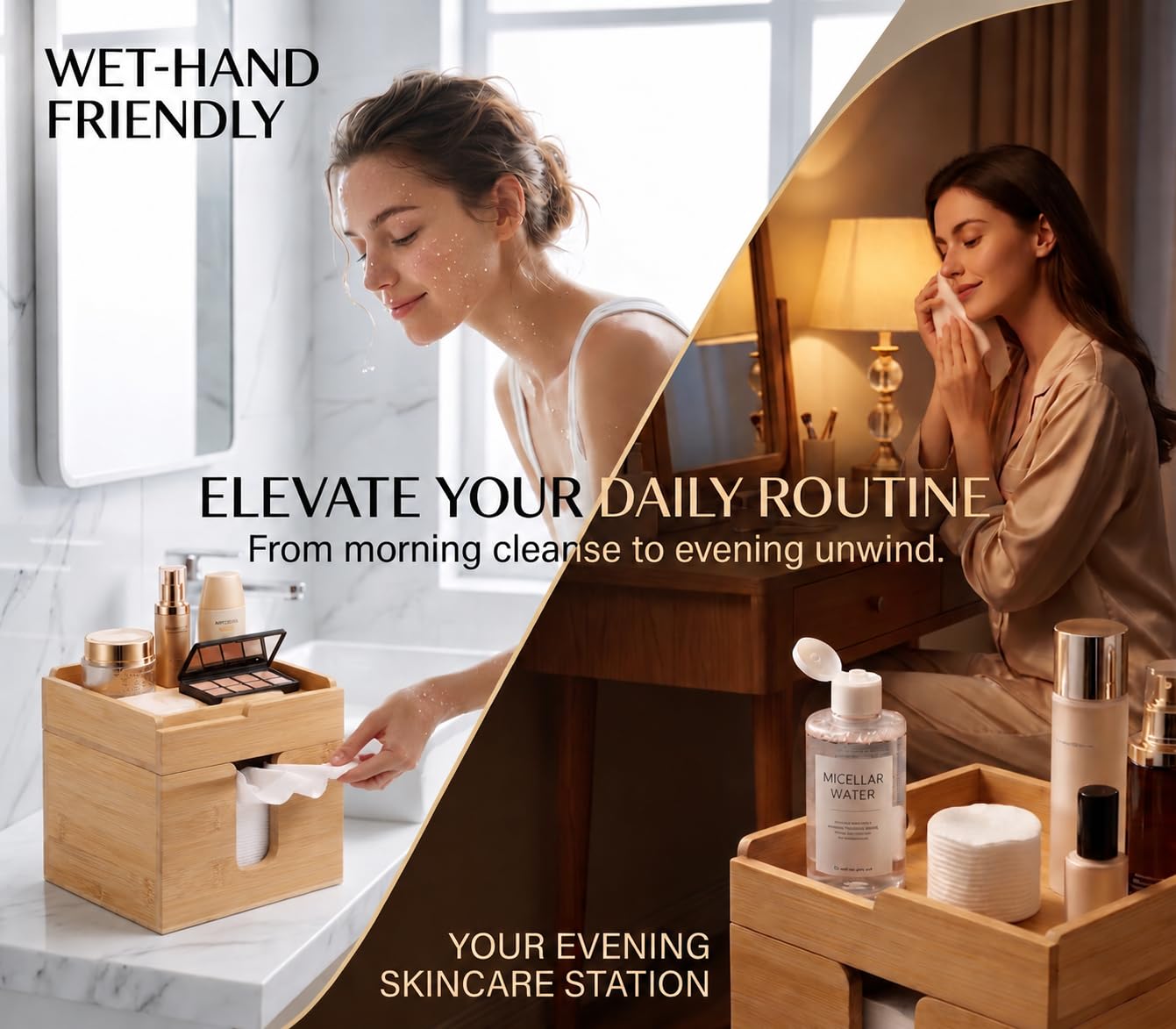Qoieua Face Towel Holder with Tray, Bamboo Organizer for Vanity