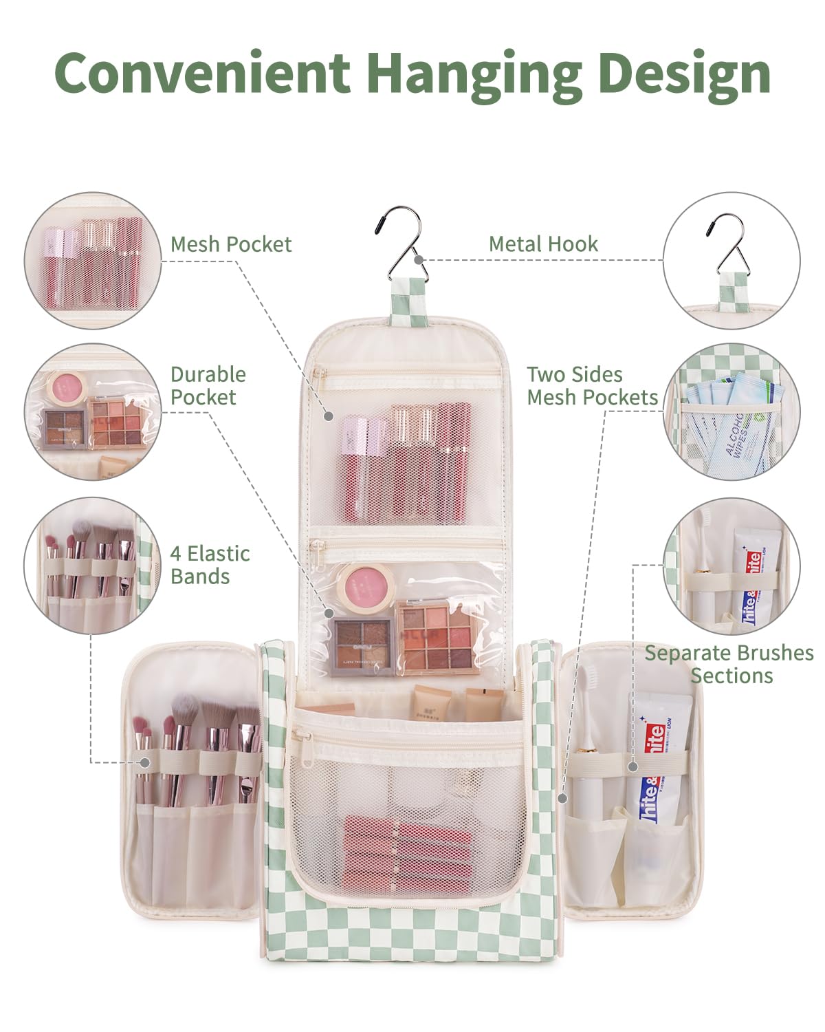 Narwey Travel Toiletry Bag for Women, Checkered Large Hanging Makeup Bag Organizer Cosmetic Make up Bags for Women, Travel Bag for Toiletries (Mint Green Checkerboard)
