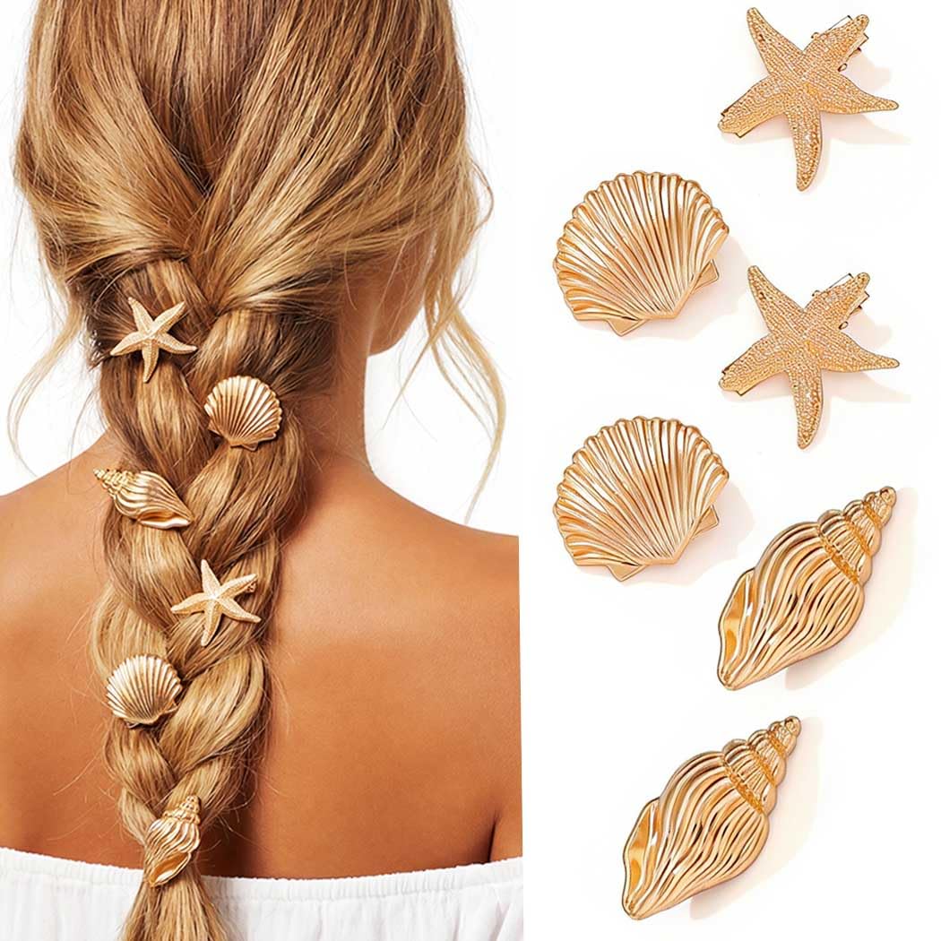 Beach Hair Clips - Gold Seashell & Starfish Hair Accessories for Women | Pack of 6