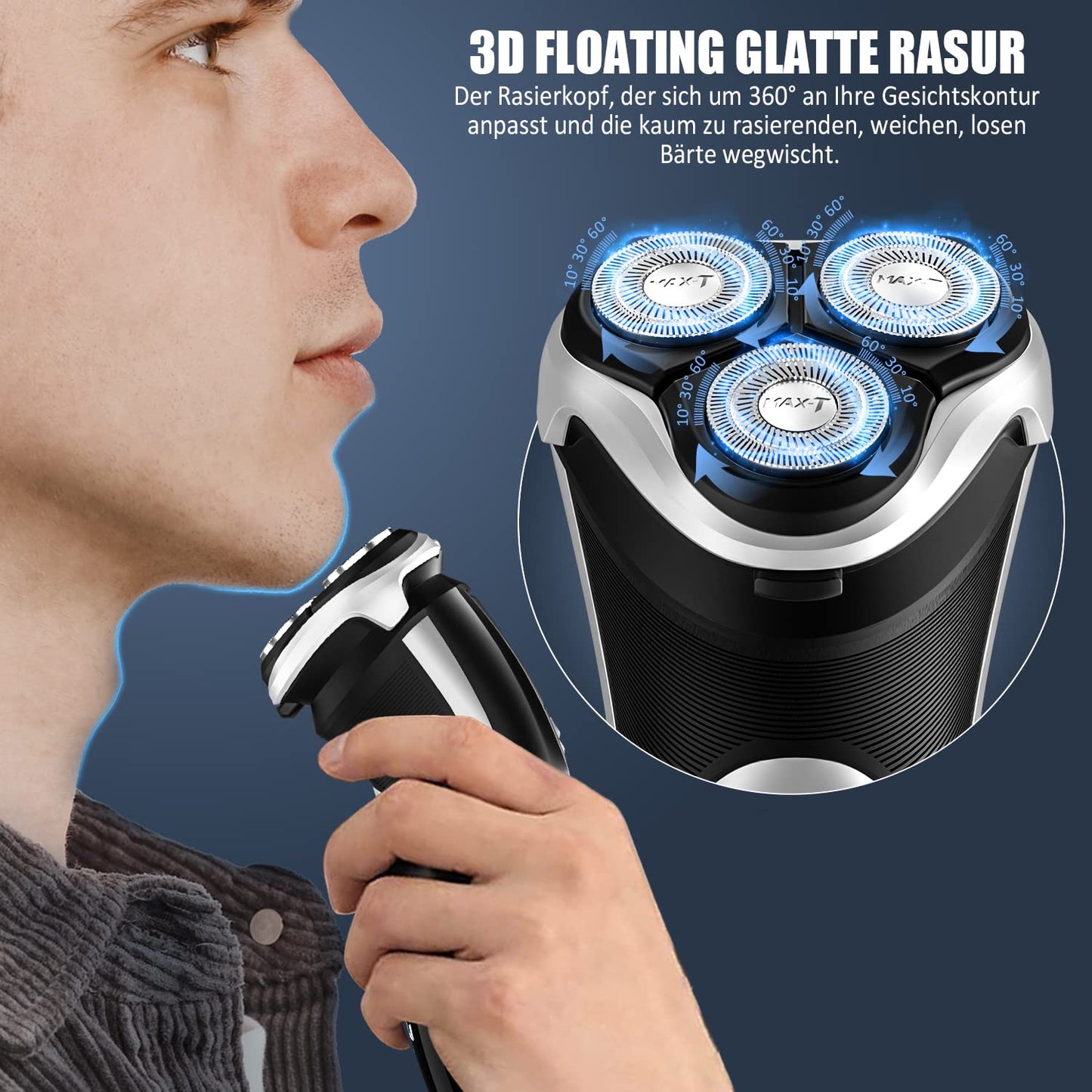 Electric Shaver Razor for Men, MAX-T Quick Rechargeable Wet Dry Rotary Shaver with Pop Up Trimmer and LED Display, IPX7 100% Waterproof (8101 with USB Cable)