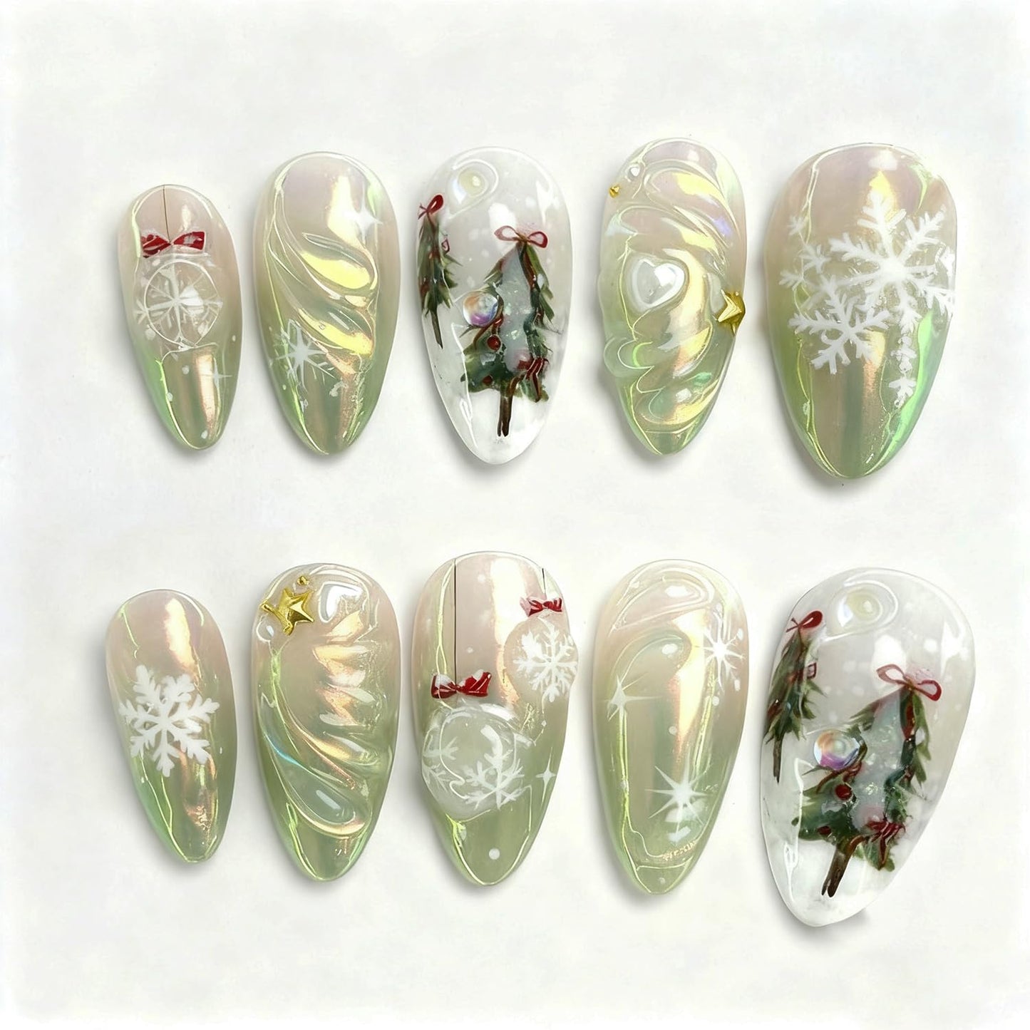 Christmas Press-On Nails - 24pcs Almond Medium Fake Nails with 3D Santa Claus & Snowman Designs | Holiday Nail Art Set