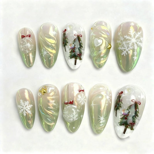 Christmas Press-On Nails - 30 Pcs Medium Almond Acrylic Nails with 3D Star & Pearl Designs | Winter Green Full Cover
