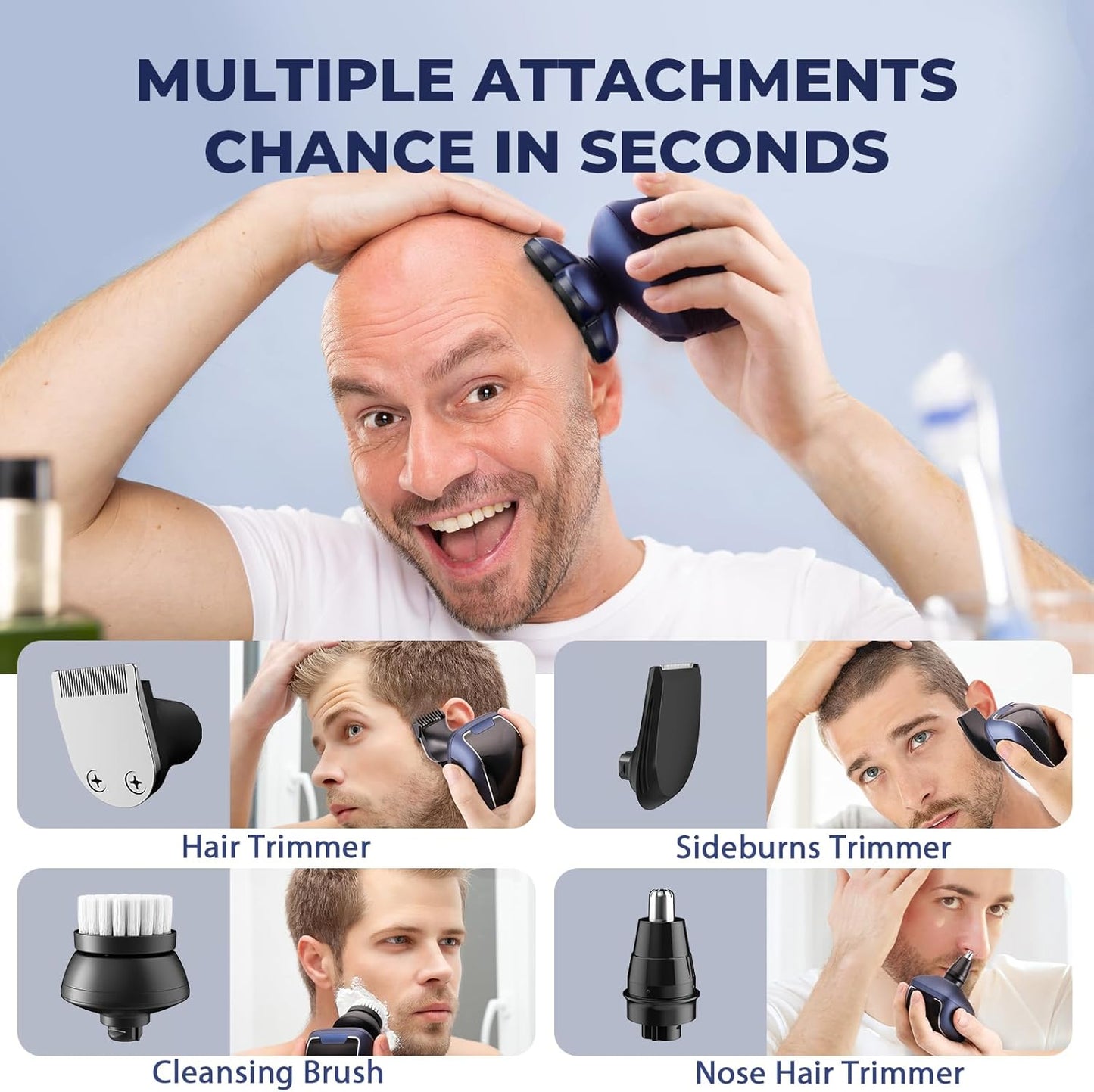 5-in-1 Electric Head Shaver for Bald Men - Waterproof Wet/Dry Grooming Kit | Rechargeable Razor in Deep Blue