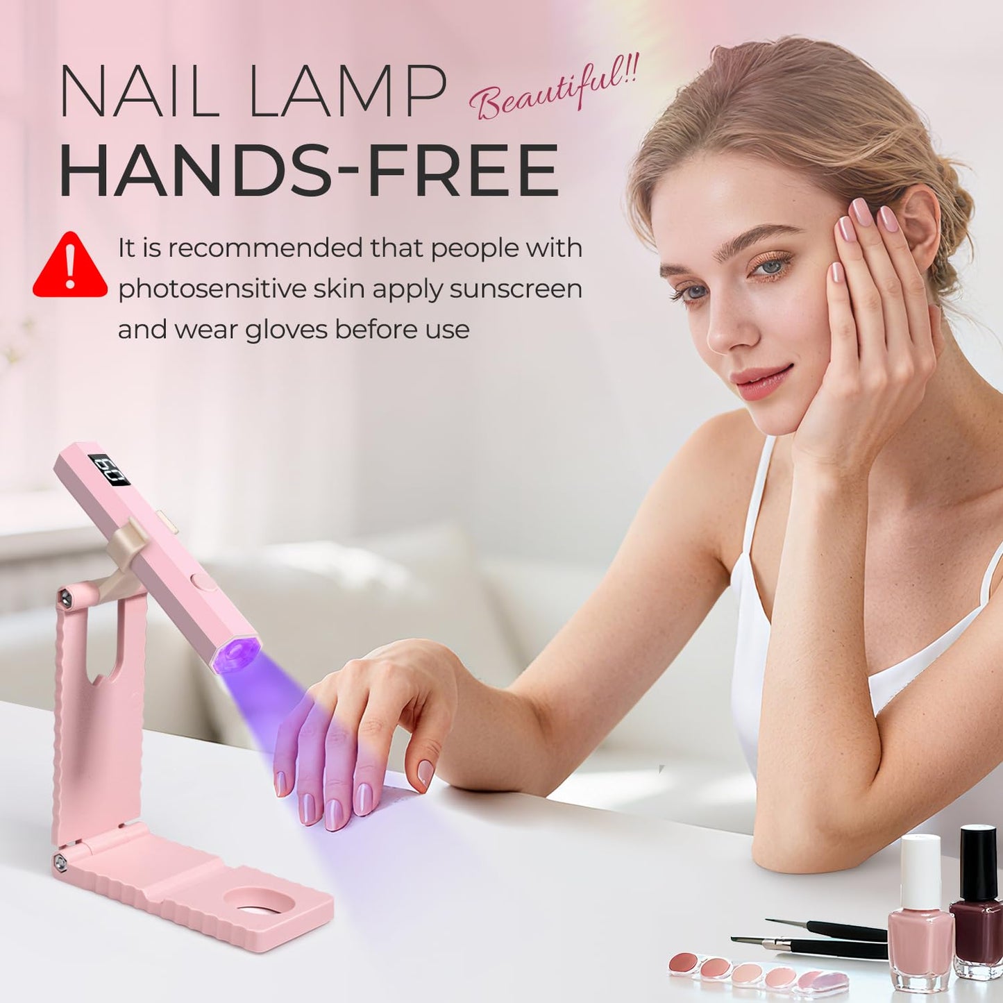 mlogiroa UV Nail Lamp with Stand Foldable, 360°Adjustable Rotation, Portable, Relax Hands,Pink Flash Cure Lamp for Gel Polish Home DIY Salon Women Painting Manicure