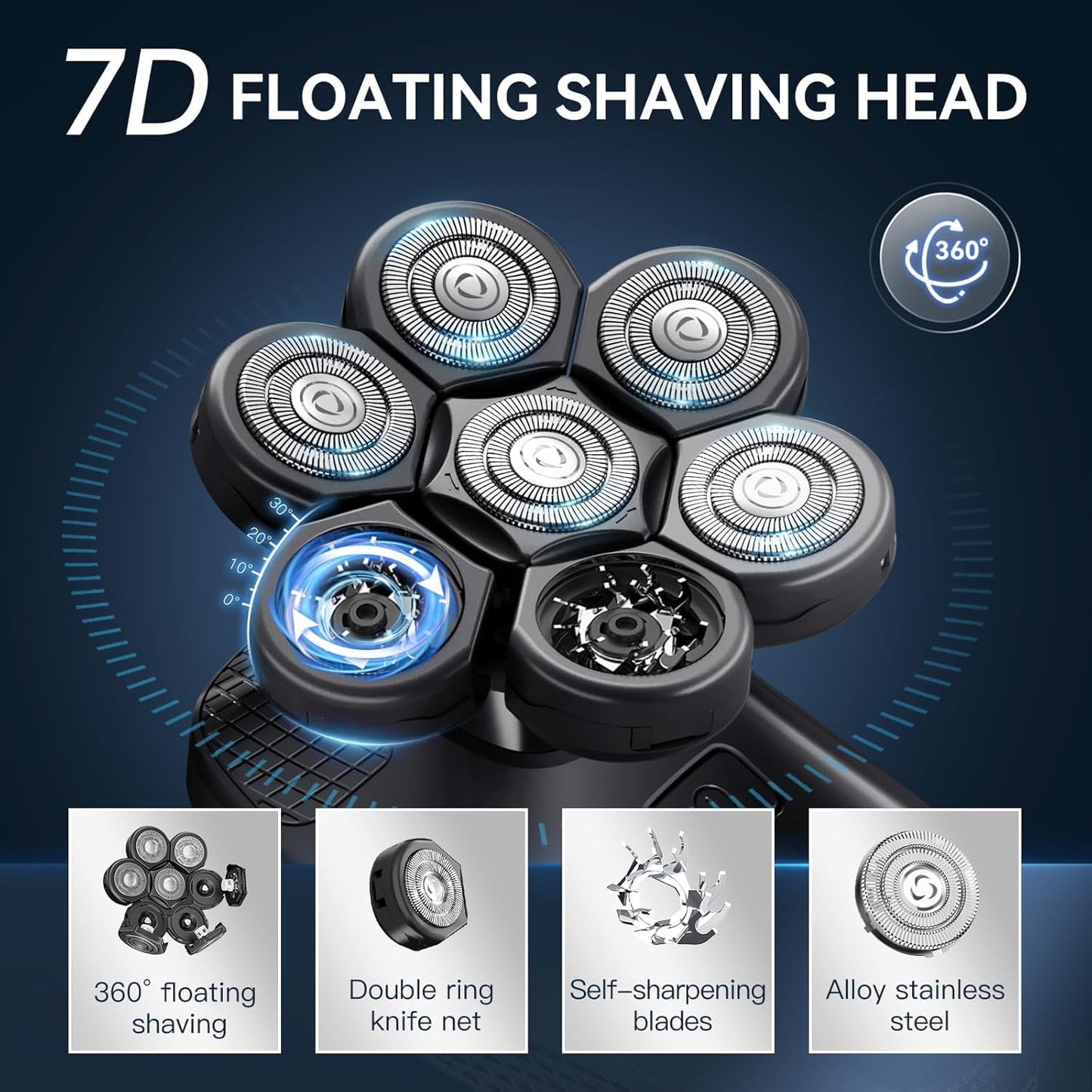 7D Head Shavers for Bald Men - 5 in 1 kensen Electric Head Hair Shaver, Head Electric Razor with Nose Hair & Beard Trimmer Cordless IPX6 Waterproof Wet Dry LED Display Travel Case (Black)