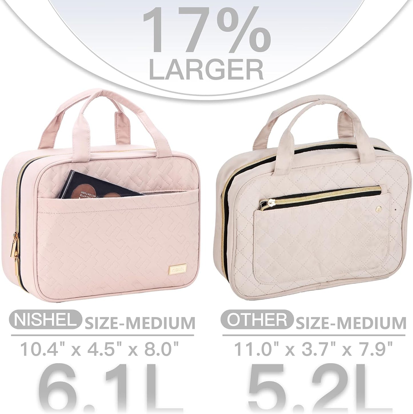 NISHEL Travel Toiletry Bag - Portable Hanging Organizer for Shampoo, Conditioner & Makeup | Medium Pink