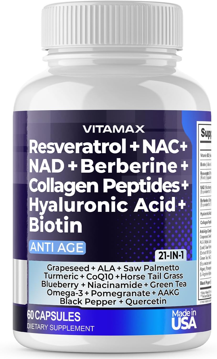 Resveratrol NAD+ Berberine Supplement - 21-in-1 Hair, Skin & Joint Support - 60 Capsules