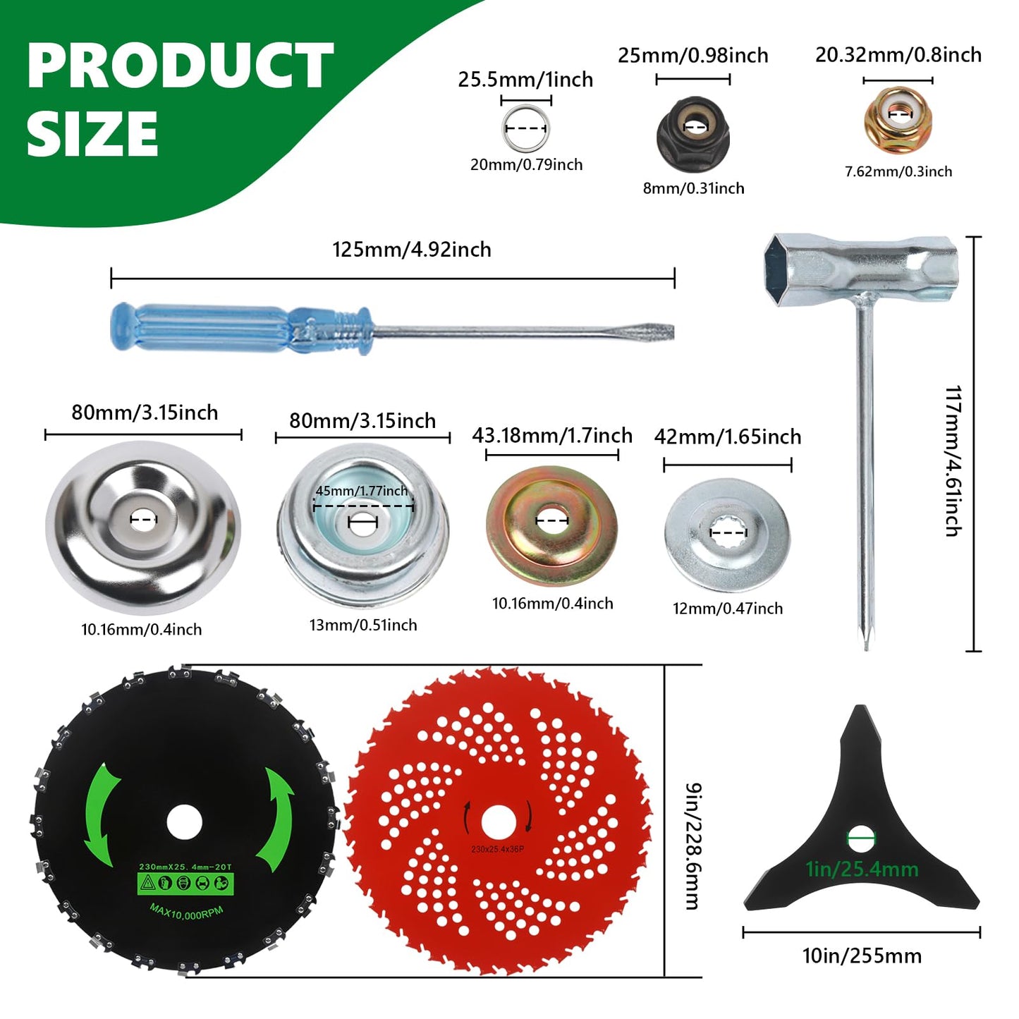 GZJoSum 9" x 36 Teeth Carbide Tipped Blades, 9" x20T Carbon Steel Round Chainsaw Tooth Brush Blades, 10" x 3 Teeth Carbon Blades with Universal Adapter Kit fit for Brush Cutter Trimmer Weed Eater