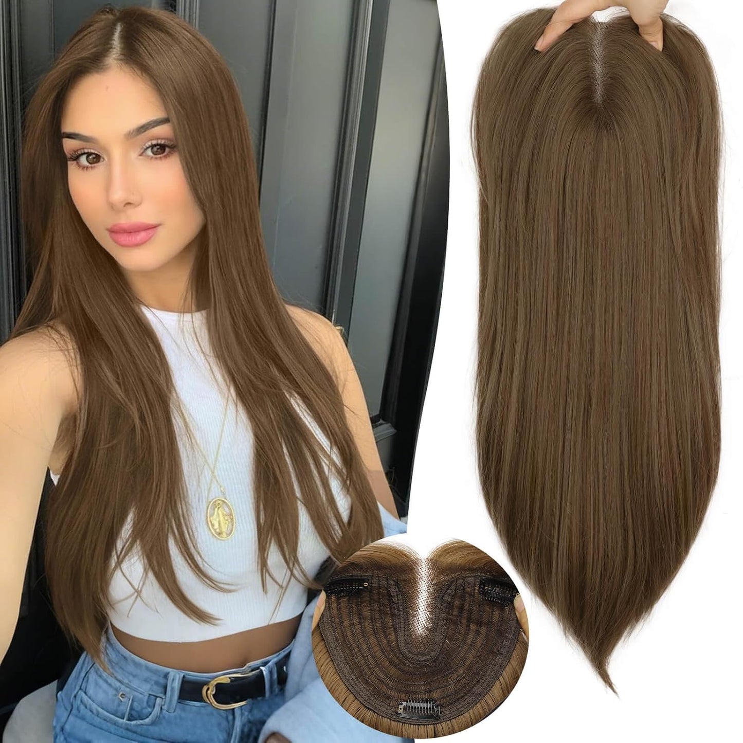Ash Blonde Synthetic Hair Toppers with Platinum Highlights - 18" Long, 5x6" Base for Thinning Hair, Clip-In Wispy Bangs