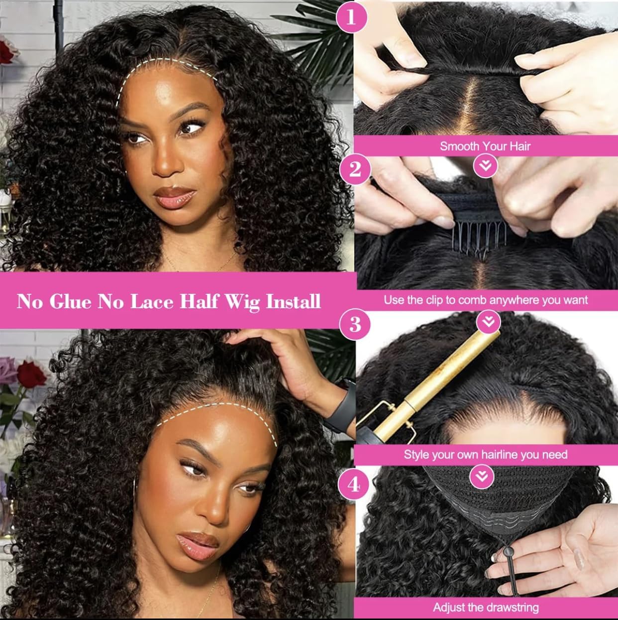 Burmese Curly Half Wig - 12 Inch Glueless Human Hair | 200% Density, Beginner Friendly