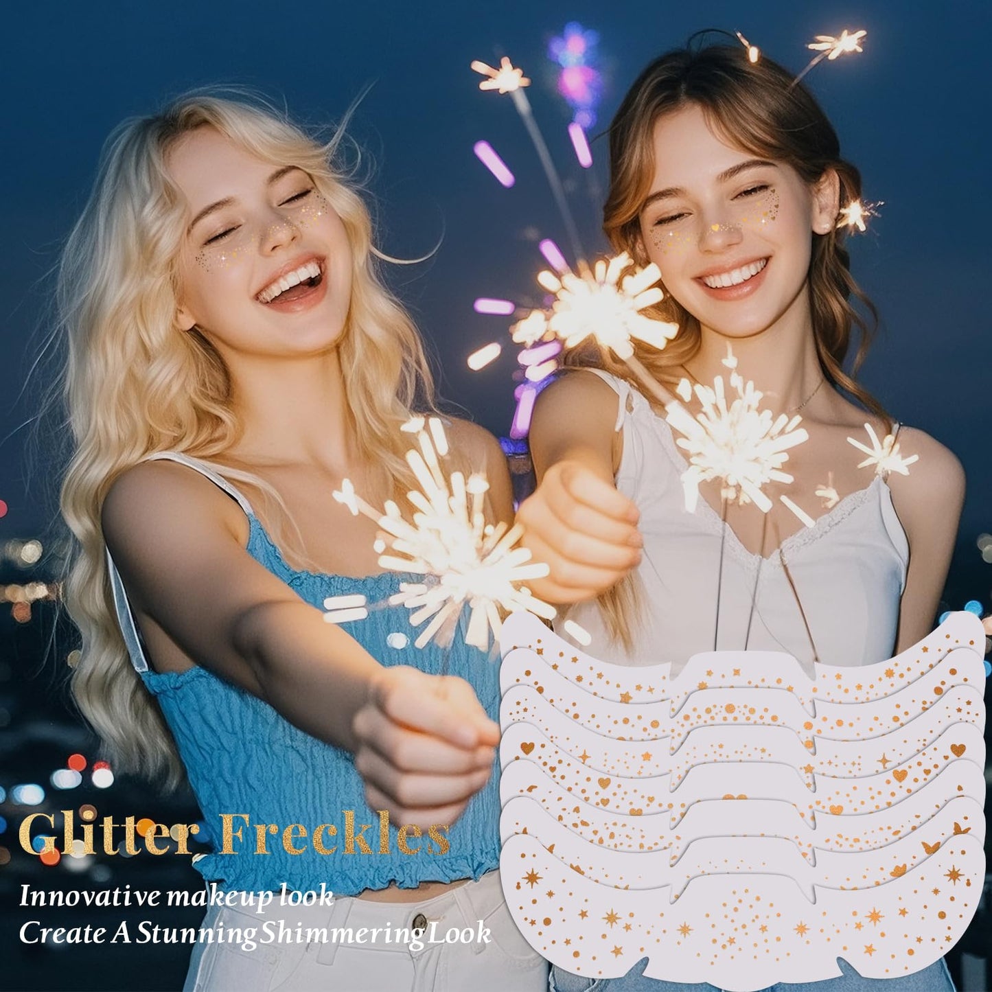 24pcs Glitter Freckles Makeup Patches-Gold-Face Speckle, Sparkle Speckles Patches for Women, Cute Golden Fake Freckles, Glitter Freckle Face Tattoo, Accessories for Musical Festival