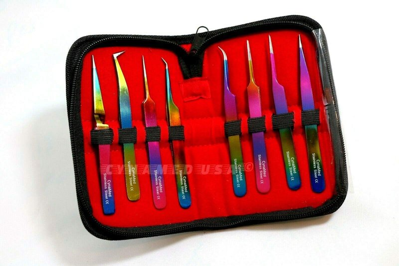 Cynamed-Set of 8 Piece German Stainless Steel Titanium Color Eyelash ExtensionTweezers