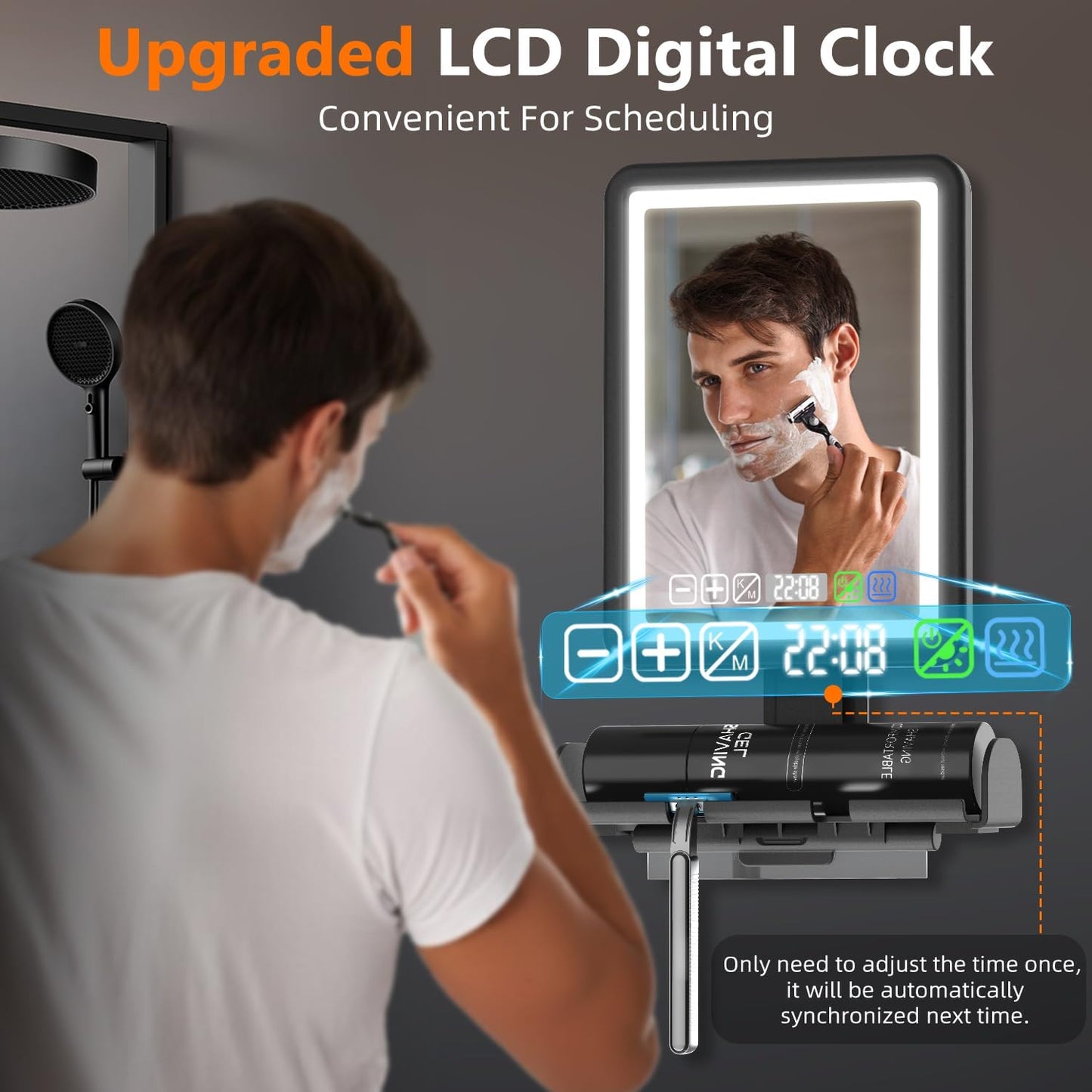 Fogless Shower Mirror for Shaving - LED Heated Rechargeable with Digital Clock & Storage Tray | Dimmable Touch Screen, 3 Color Lighting