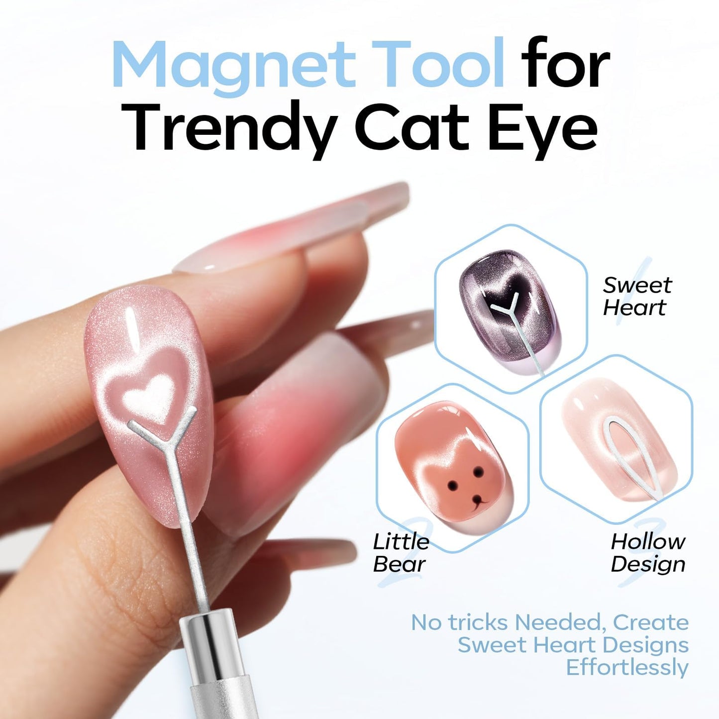 modelones Cat Eye Magnet Set, 5PCS 3-in-1 Dual-Head Nail Magnet Pen with Heart, Lightning & Ball Shapes for Cateye Gel Polish, Side Light Wide Light Glass Glow Effects, DIY Nail Art Tool