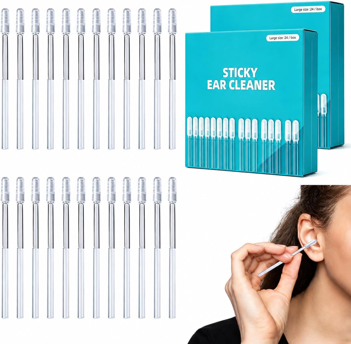 Reusable Sticky Ear Cleaning Sticks - 24 Pcs Gentle Adhesive Ear Swabs with Soft Tips | Home Ear Wax Removal Tools