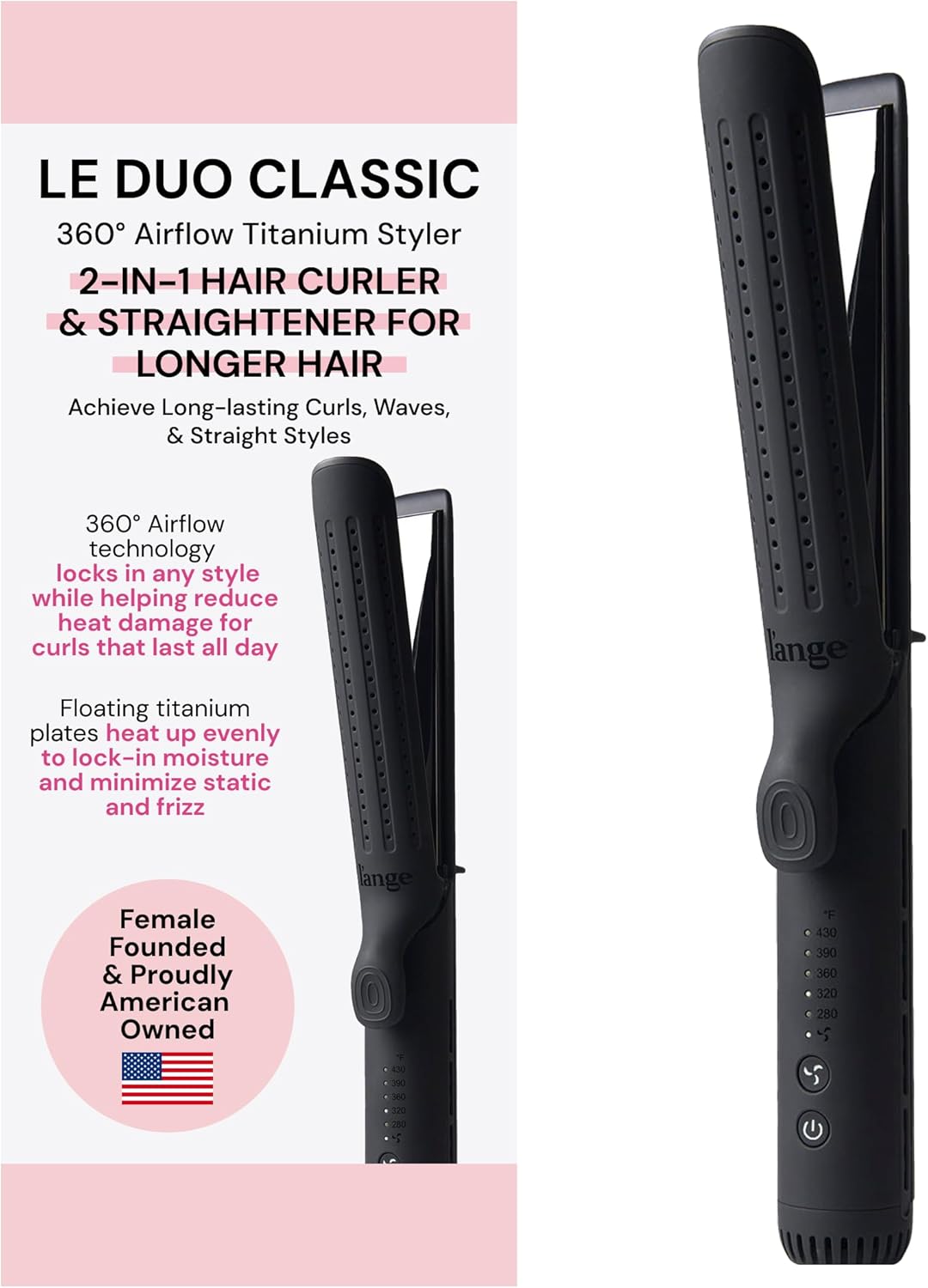 L'ANGE HAIR 2-in-1 Hair Straightener & Curler - 360° Airflow, Titanium Plates | 1" Wand for Long Hair (Blush)