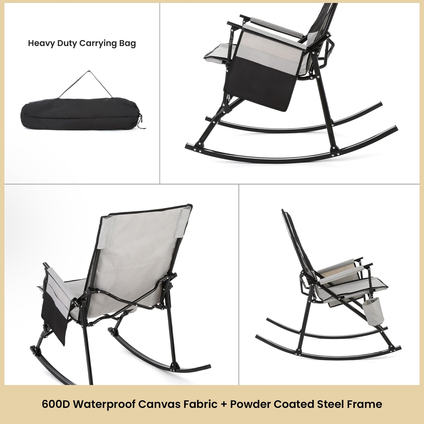 ARROWHEAD OUTDOOR Foldable Rocking Camp Chair with Large Cup Holder, Side Pocket, Space-Saving Folding, Enhanced Swinging Rocker for Camping, Fishing, Patio