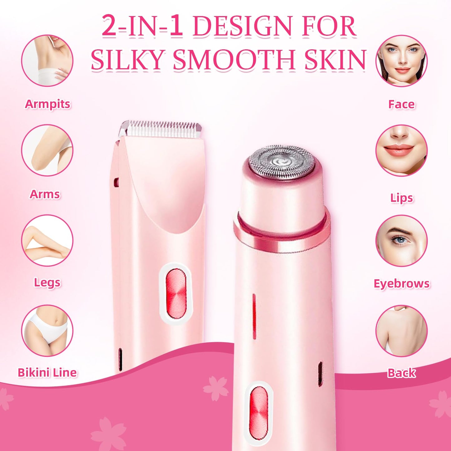 Bikini Trimmer for Women, 2 in 1 Electric Razors for Women, Dermave Bikini Shaver, IPX7 Waterproof & Easy Cleaning, Ceramic Blade, 120 Min Cordless Runtime, Ultra Low Silent(Pink).