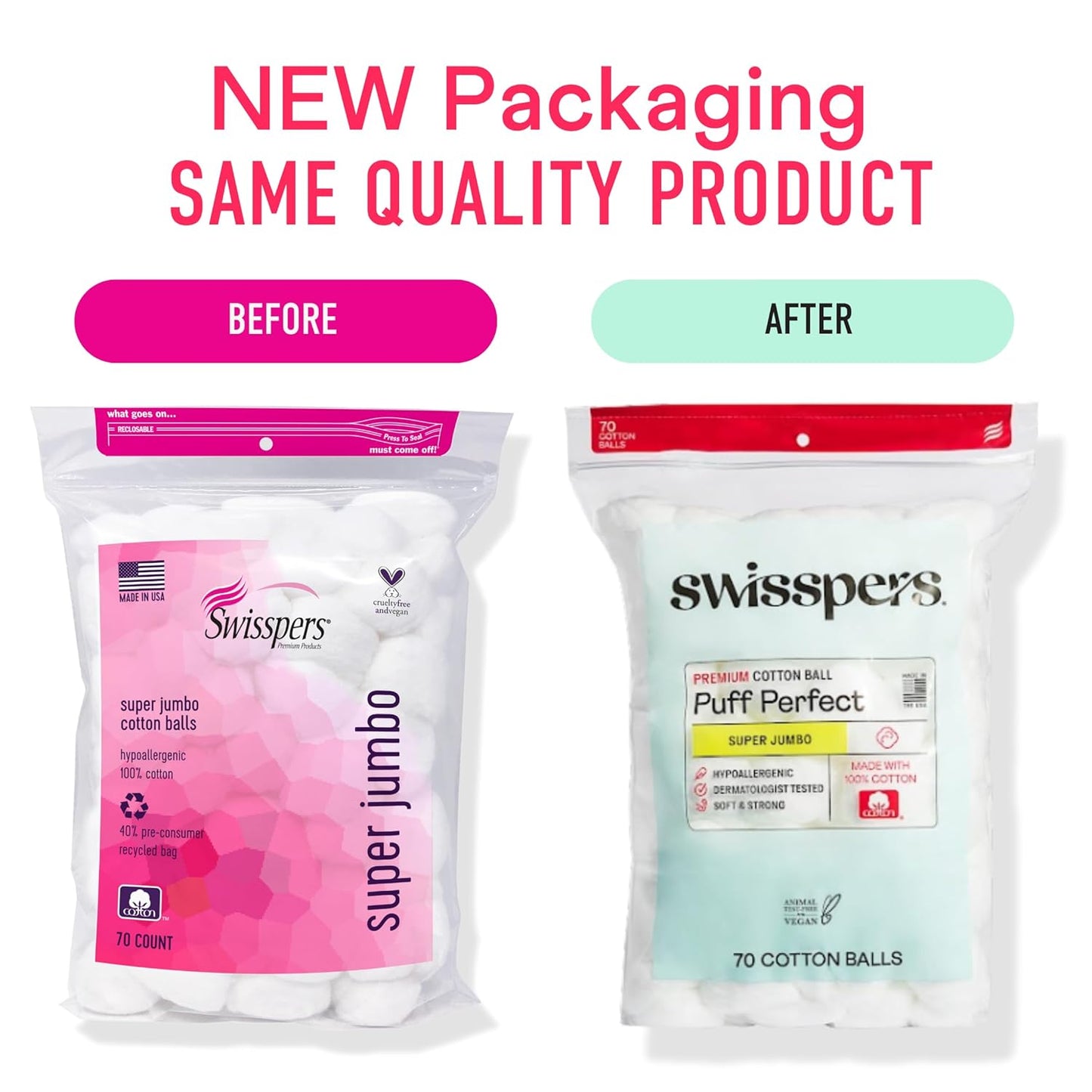 Swisspers Puff Perfect Jumbo Cotton Balls - 100% Natural Hypoallergenic Puffs for Skincare, Pets & Crafts | 70 Count, 6 Pack