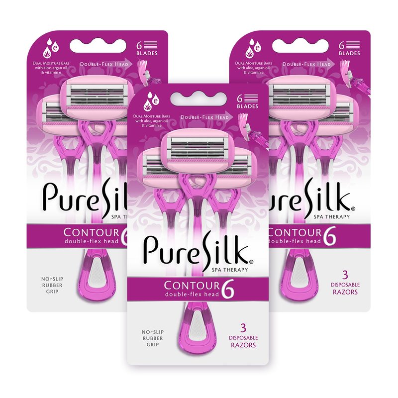 Pure Silk Contour 6 Disposable Razors for Women | 6-Blade Premium Razor Value Pack | Double-Flex Pivoting Head, Dual Moisture Bars Infused with Aloe, Vitamin E, Argan Oil | 3 Packs (9 Total Razors)