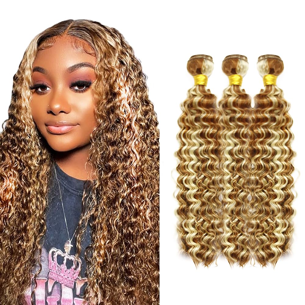 28 30 32 Inch P30/613 Highlight Blonde Bundles Human Hair 3 Bundles Brazilian Remy Hair 50 Grams/Bundle 10A Grade Unprocessed Virgin Hairs Deep Wave Bundle Weaves Extensions