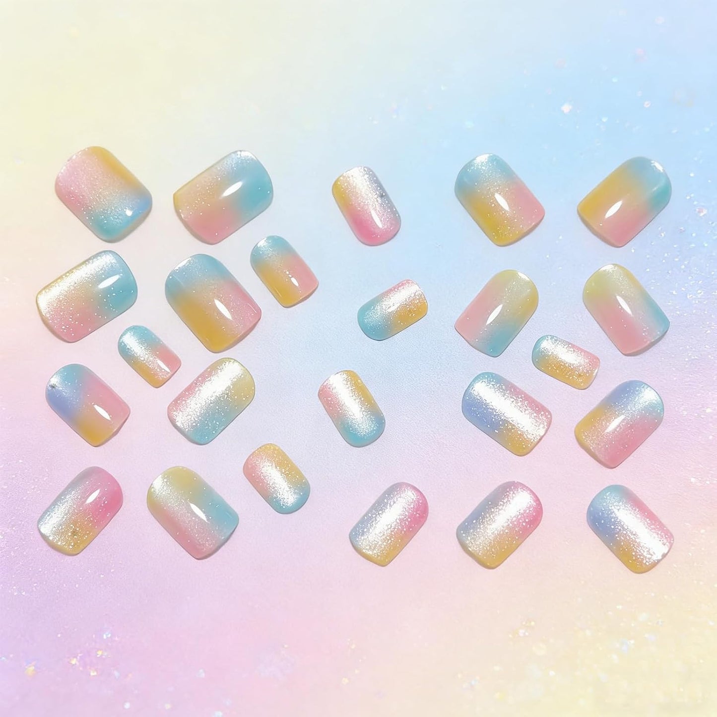 Gradient Colorful Press-On Nails - Short Square Glitter Fake Nails | Reusable Candy Color Designs, 24 Pcs
