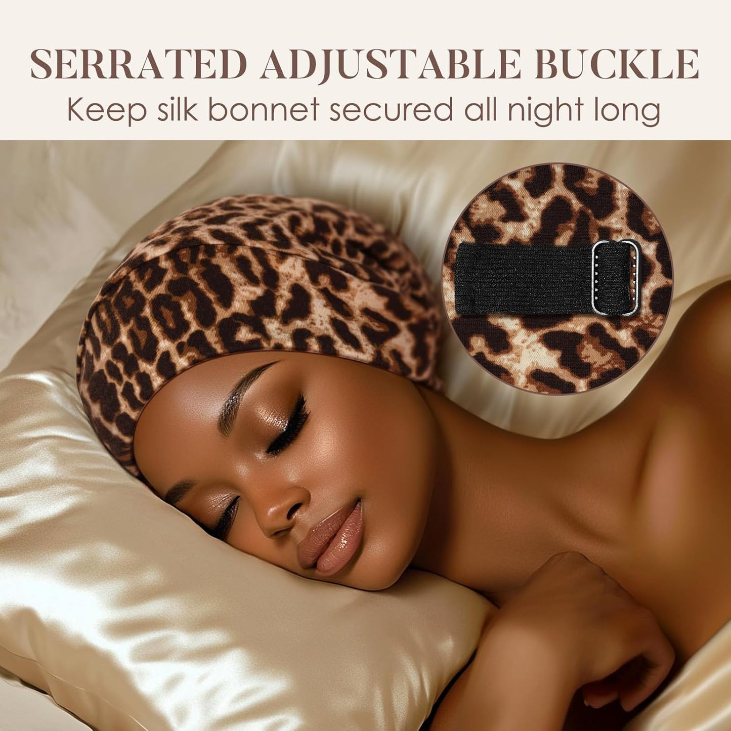 100% Mulberry Silk Bonnet for Sleeping - Adjustable Night Cap | Brown Leopard, Pack of 1