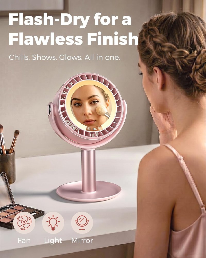 3-in-1 Makeup Fan - Cordless LED Light & Mirror for Skincare | Quiet Rechargeable Beauty Tool in Pink