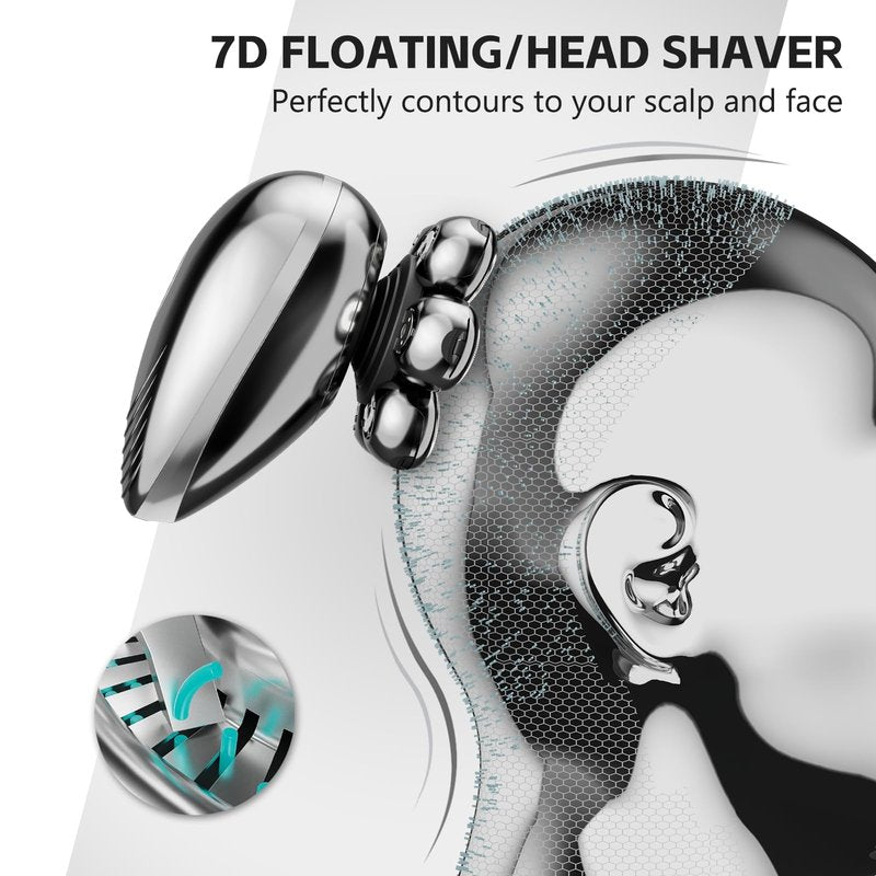 Head Shaver for Bald Men, 7D Electric Rechargeable Wet/Dry Shaving Razor with LED Display, 5-in-1 Grooming Kit Waterproof Bald Head Trimmer, Ideal Gift for Men (Silver)