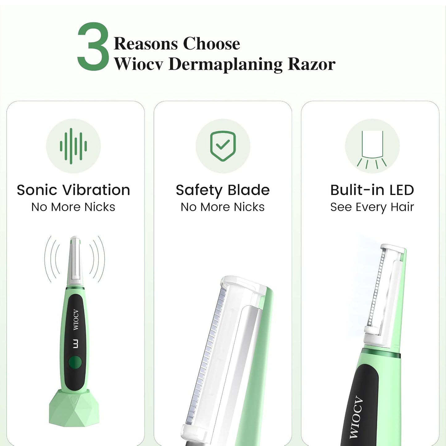 Dermaplane Razor for Women - Gentle Facial Hair Removal Tool with LED Light & 12 Blades | Rechargeable, Green