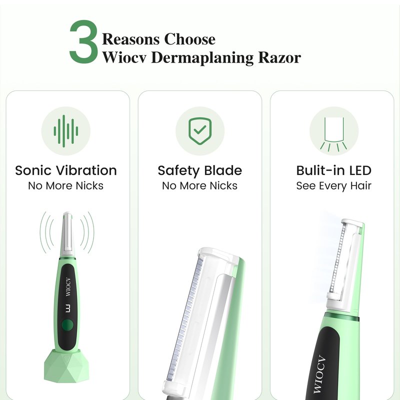Dermaplane Razor for Women, Gentle Facial Hair Removal, Remove Peach Fuzz for Flawless Makeup, Rechargeable Dermaplane Tool with Built-in LED Light & 12 Replacement Blades (Green)