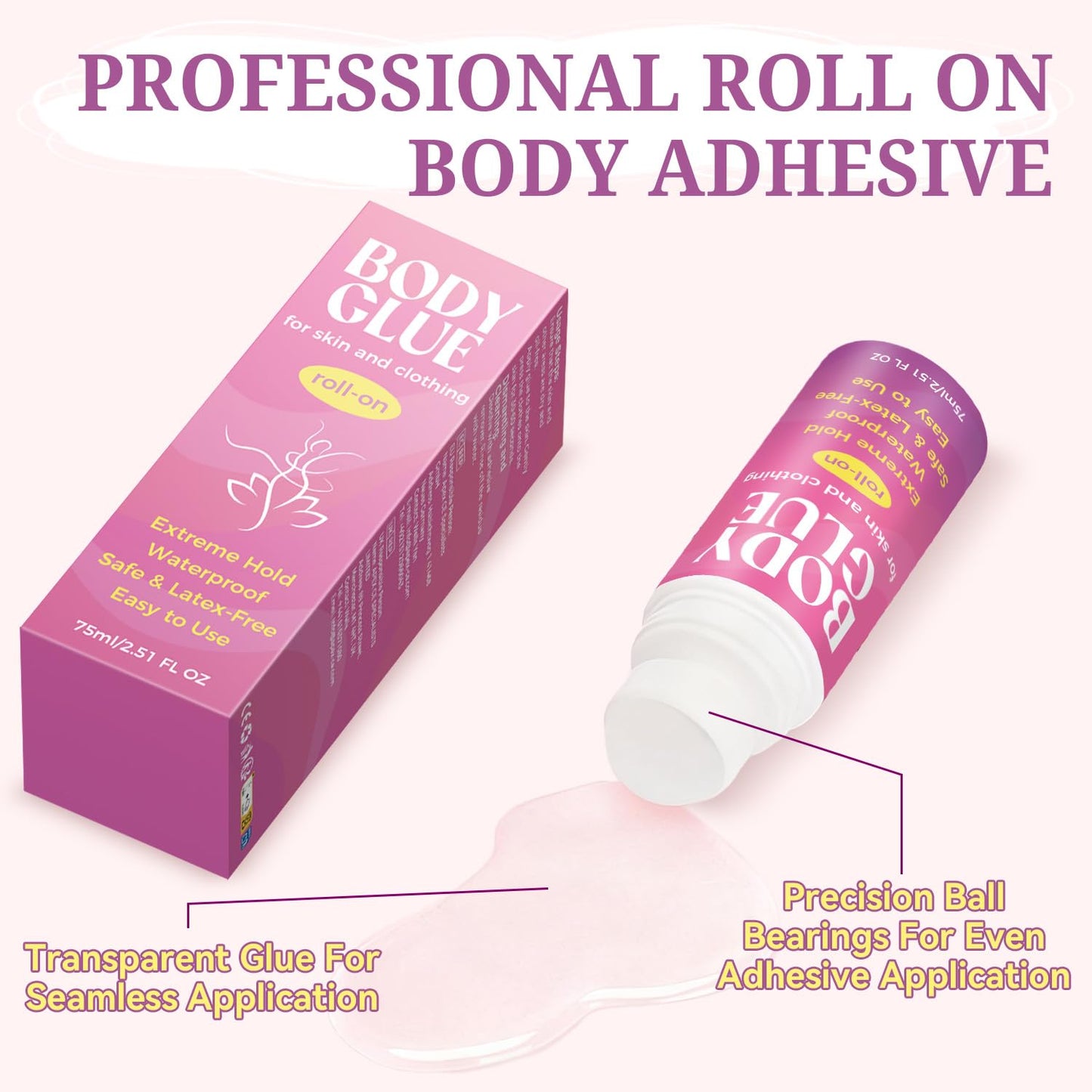 Body Glue for Clothes & Skin - Strong Adhesive Roll-On, Sweat Resistant, Water Wash Off | 2.5 Oz for Dancers, Socks, Leotards, Bras, Wigs