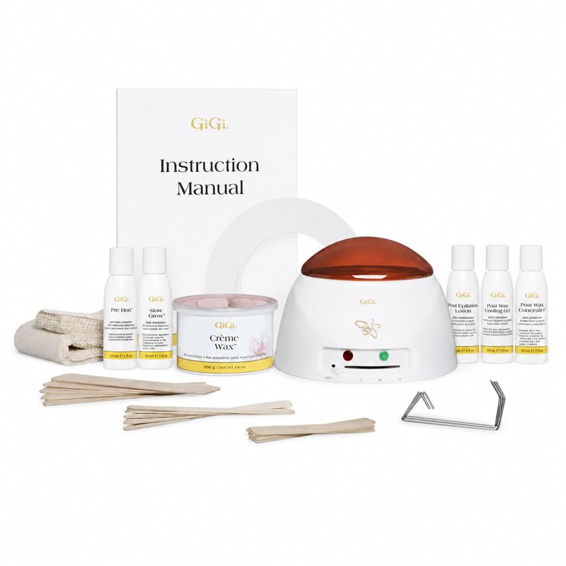 Gigi Eyebrow Waxing Kit for Women, Face and Body Hair Removal Starter Set with Mini Heater, 14 oz Honee Creme, Pre-Treatment Lotions, and Wax Muslin Strips