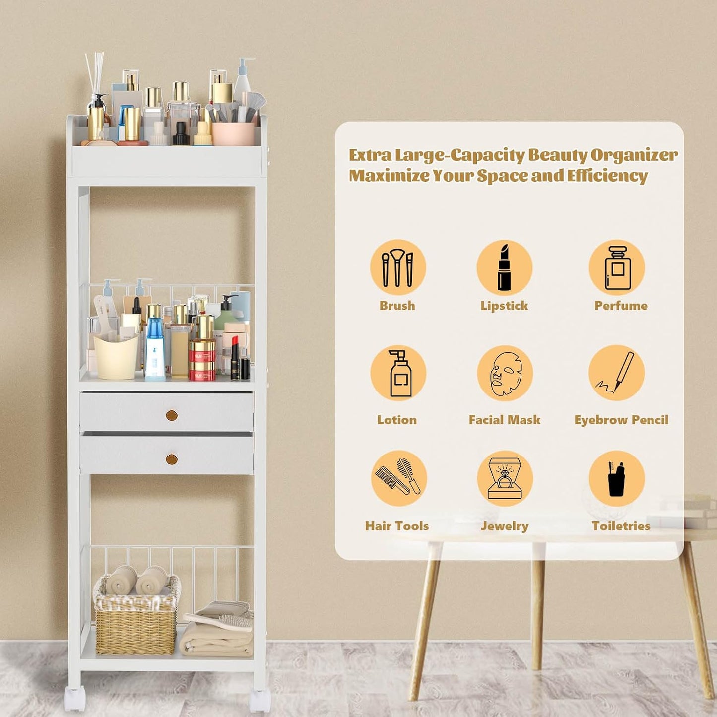 Makeup Organizer Storage Cart - 2 Drawer Versatile Vanity Display Case for Skincare, Cosmetics & Hair Tools | Floor Stand