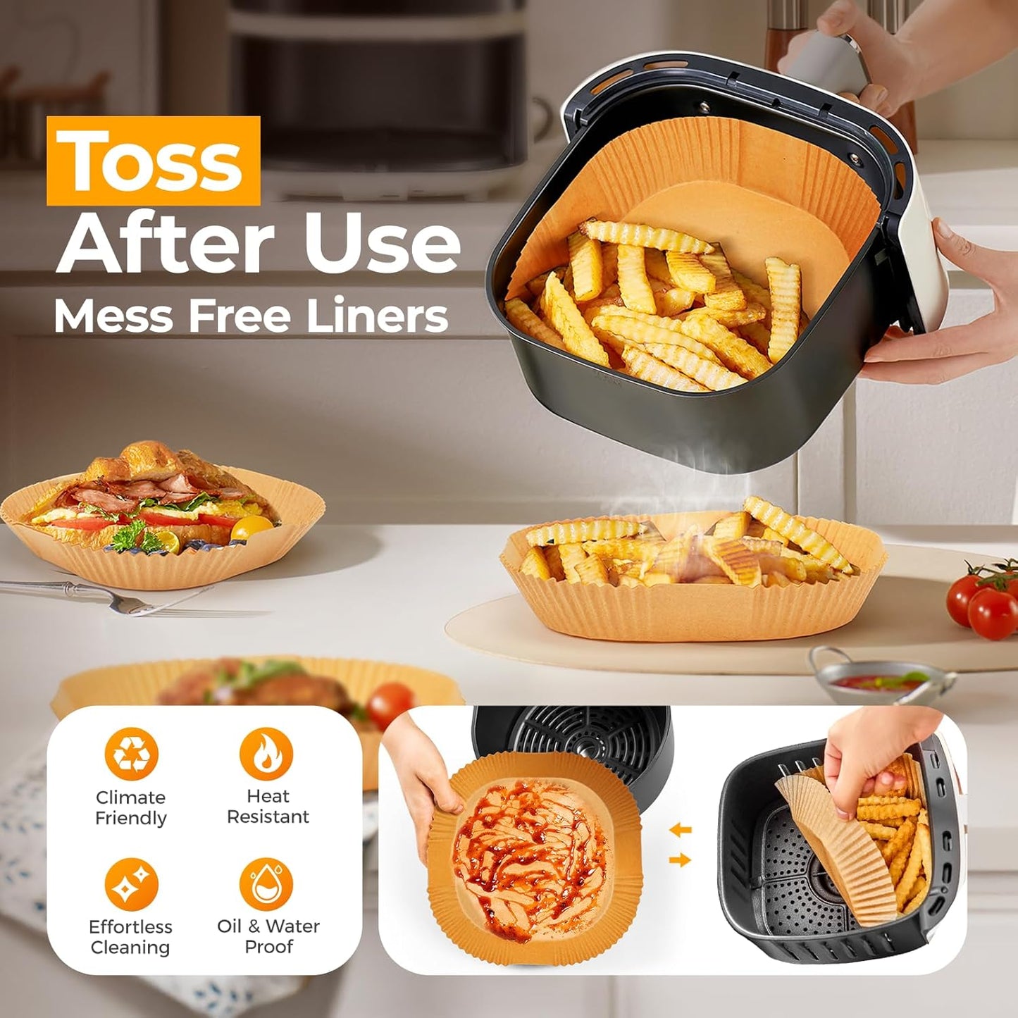 Air Fryer Paper Liners - 125 Pcs Non-Stick Parchment Paper for Microwave | 8-Inch Square, Bleach-Free