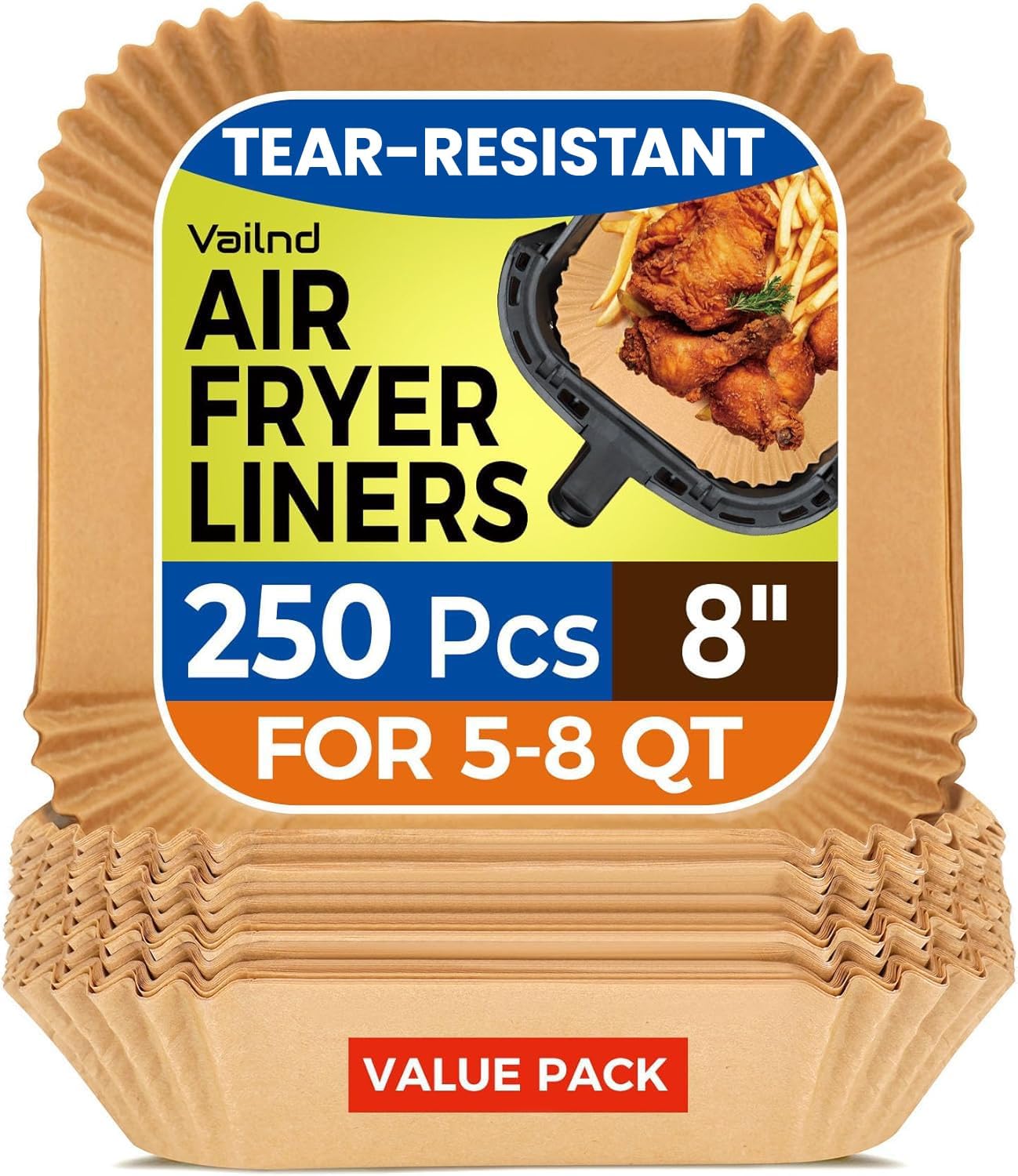 Air Fryer Paper Liners - 125 Pcs Non-Stick Parchment Paper for Microwave | 8-Inch Square, Bleach-Free