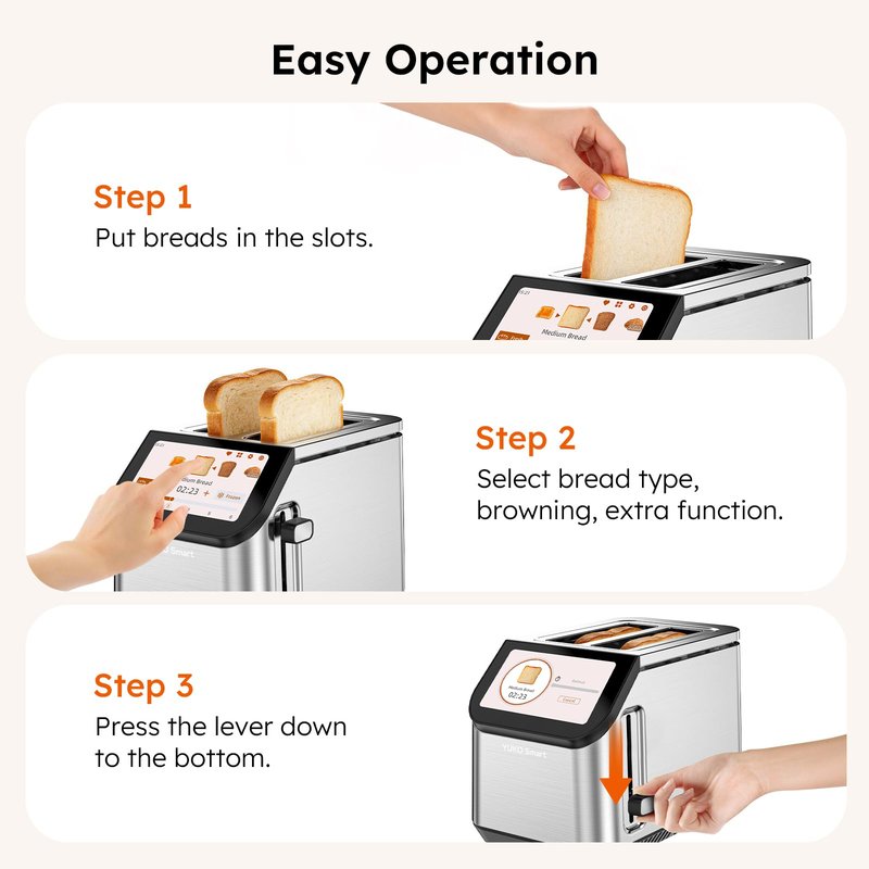 Smart Toaster 2 Slice Wide Slot LCD Touch Screen, Stainless Steel Toaster with Memory Function, 10 Bread Types & 6 Shade Settings, Fast Even Toast, Removable Crumb Tray, 900W