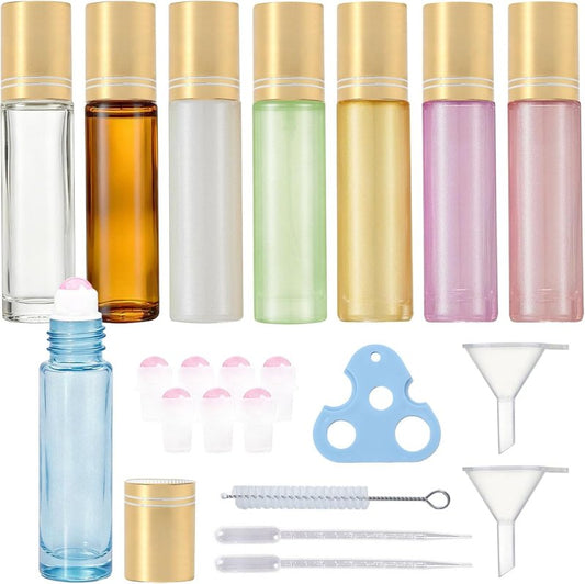 Rose Quartz Roller Bottles - 10ml Travel Size Glass Bottles for Essential Oils | 8 Color Options, Leak-Proof Design
