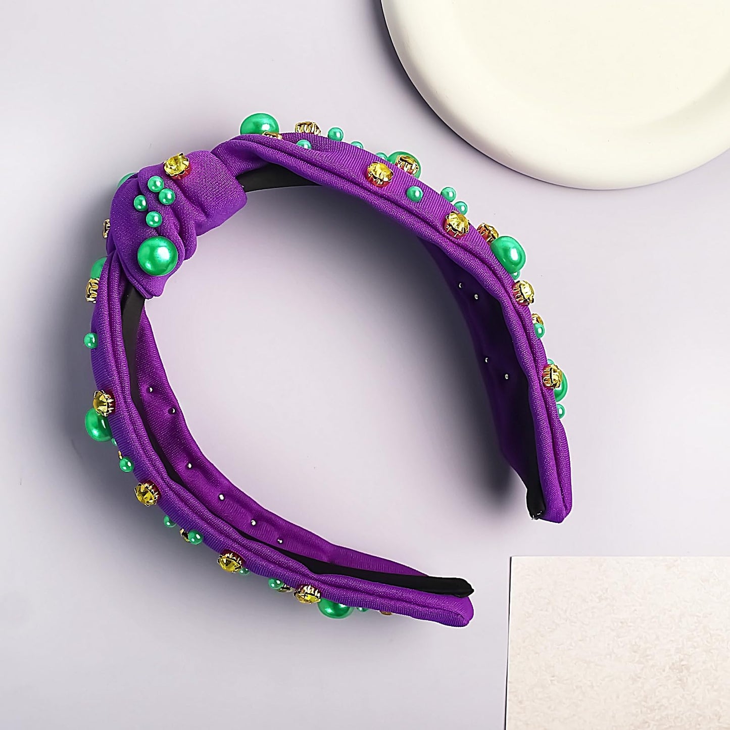 XIELIME Mardi Gras Headband for Women, Purple Green Gold Pearl Rhinestone Jeweled Knotted Cloth Hairband Carnival Wide Knot Head Band Mardi Gras Outfit for Women's Hair Accessories