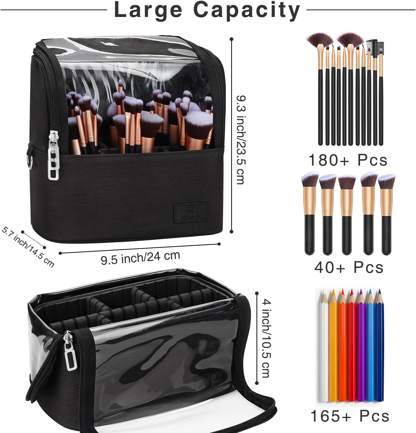 Makeup Brush Organizer - Large Travel Makeup Brush Holder with Adjustable Divider | Professional Cosmetic Storage Bag - Black