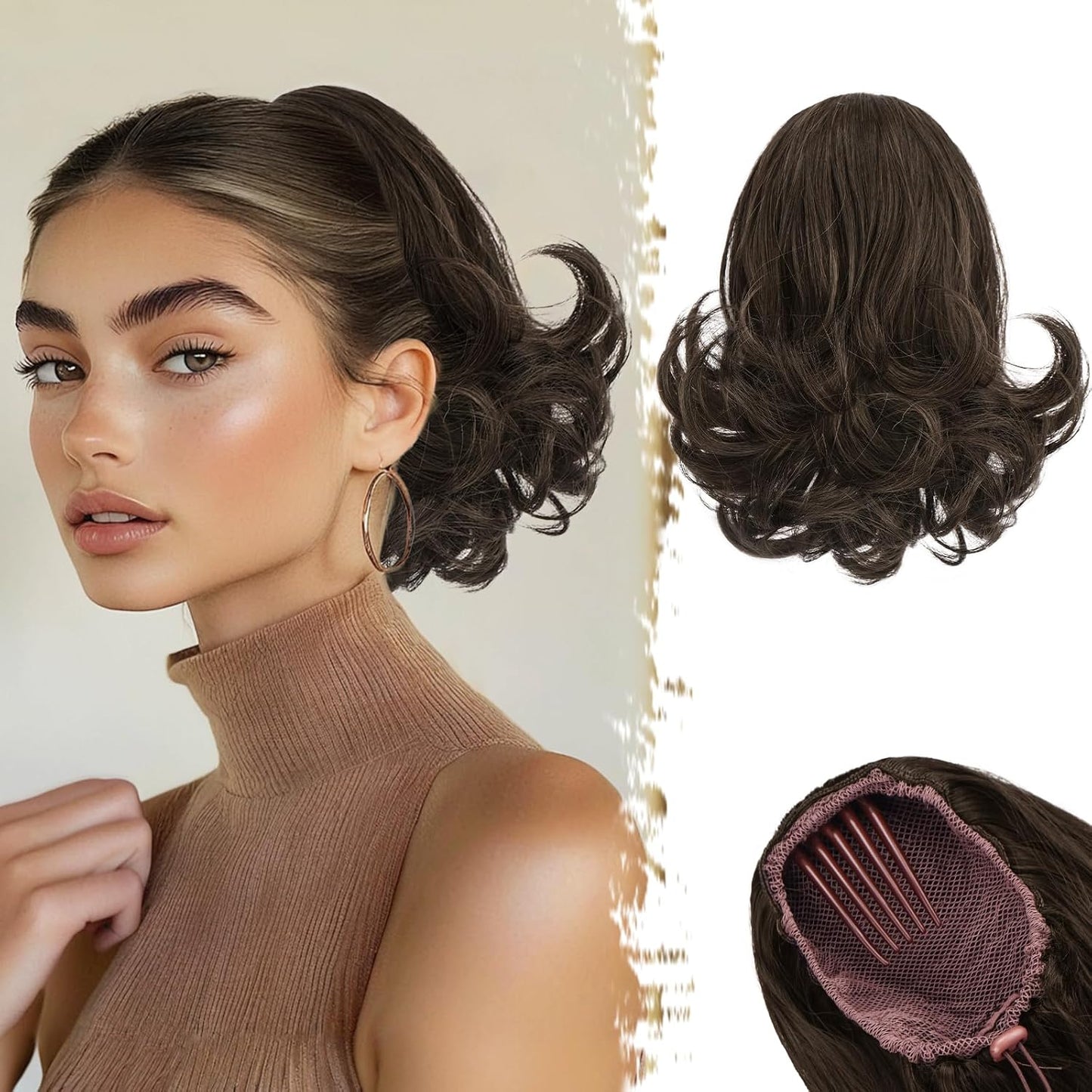 Dark Brown Ponytail Extension - 10 Inch Wavy Drawstring Hairpiece for Women | Synthetic Clip-In Ponytail