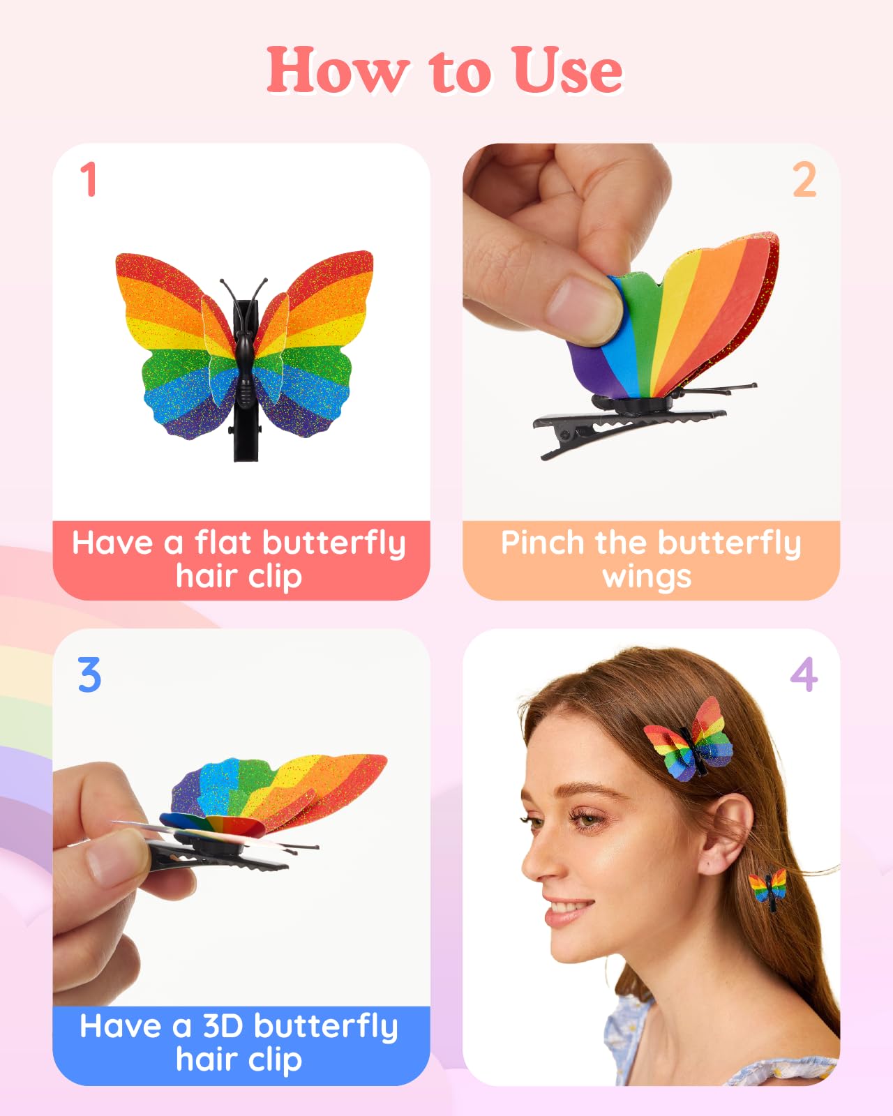 16PCS Pride Rainbow Glitter Butterfly Hair Clips – 8 Large & 8 Small with Foldable Wings for Pride Parade, Rainbow Hair Accessories for LGBTQ Day Celebration Outfit