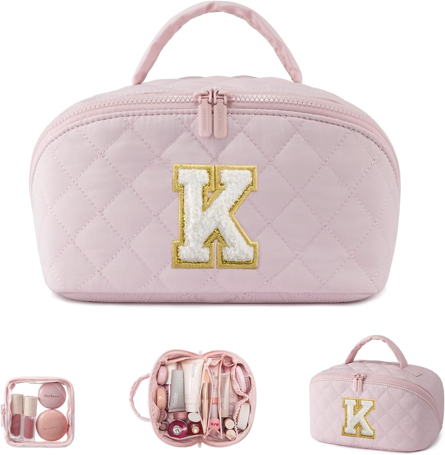 LOVEVOOK Travel Makeup Bag - Waterproof Cosmetic Organizer with Brush Compartment | Large Capacity Pouch in Pink, Medium