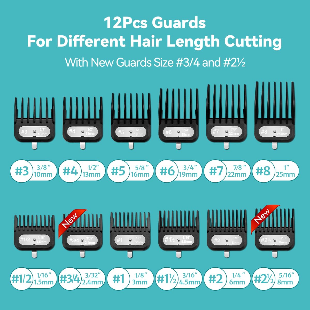 Wahl Clipper Guards Set | 12-Piece Adjustable Hair Clipper Attachments - 1/16" to 1" Black