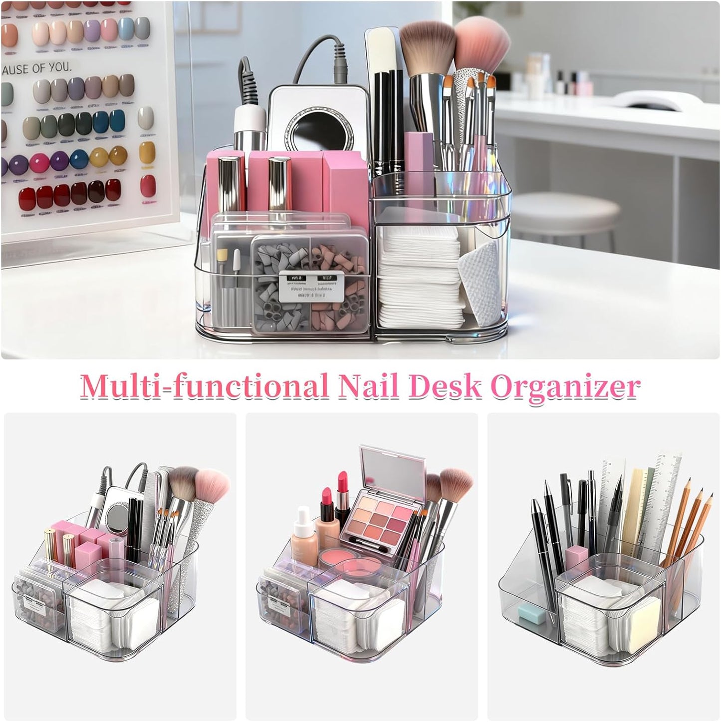 Transparent Acrylic Nail Desk Organizer - Professional Storage Box for Nail Tools, Makeup & Brushes | Multi-Functional Design