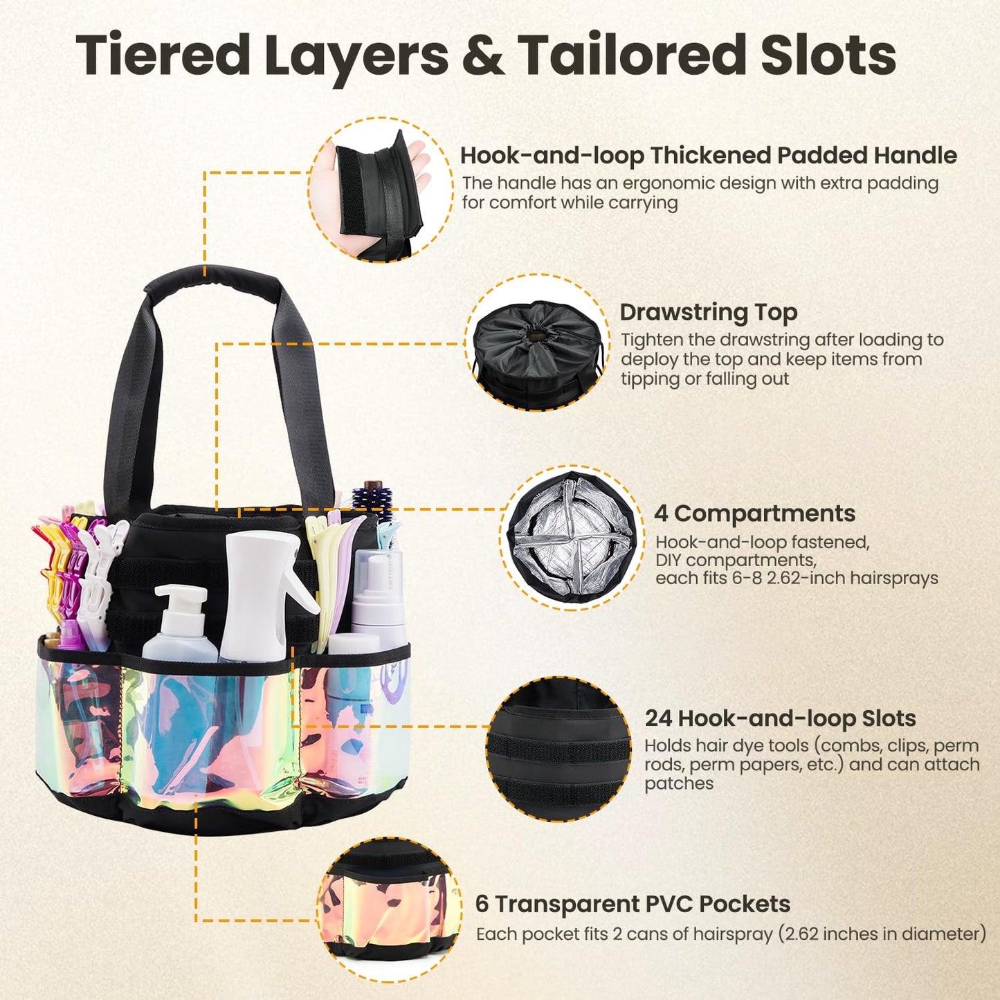 PUMHUBO Hairstylist Travel Bag, with Dust Cover, 11L Large Capacity, Heat-Resistant Interior, Iridescent Pockets, 24 Hook-and-loop Slots, Top Drawstring, Makeup & Pet Grooming Supplies Organizer