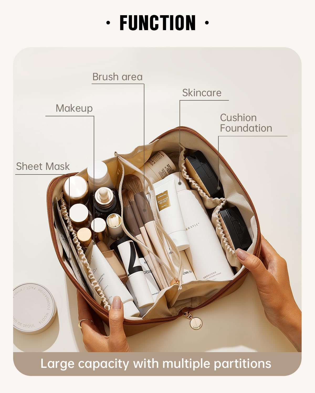 Travel Makeup Bag - Large Capacity Waterproof PU Leather Cosmetic Organizer | Flat Open Design for Skincare & Brushes