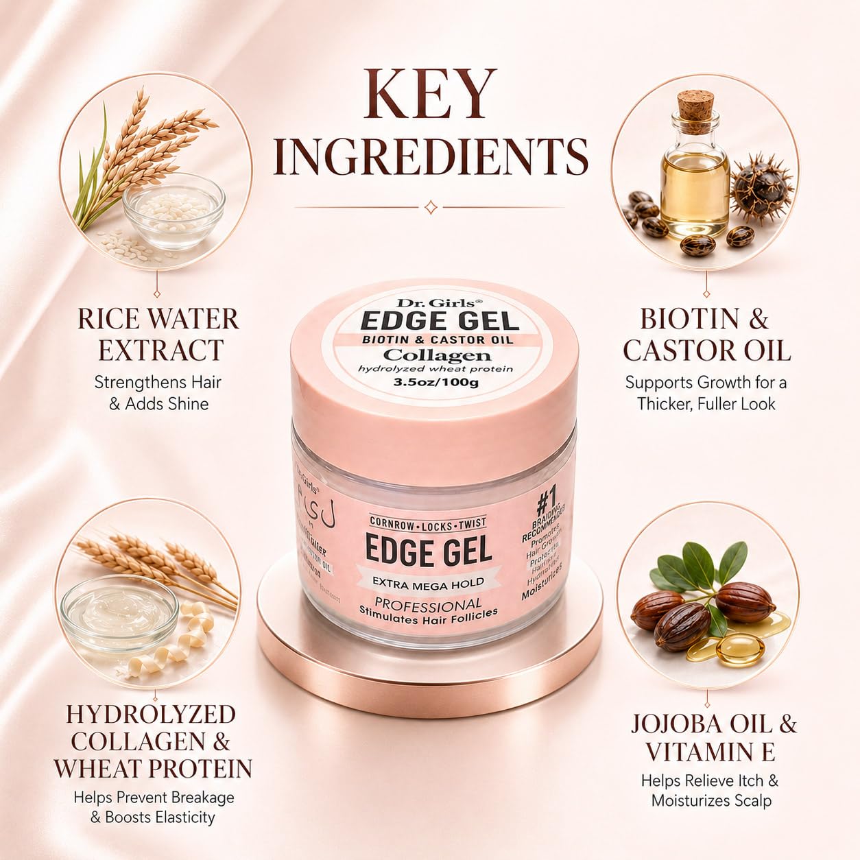 Dr. Girls Rice Water Lock & Twists Edge Gel - Extra Mega Hold for Locs, Cornrows & Twists – With Biotin, Castor Oil, Hydrolyzed Wheat Protein & Collagen – REEMAS 3.5 oz