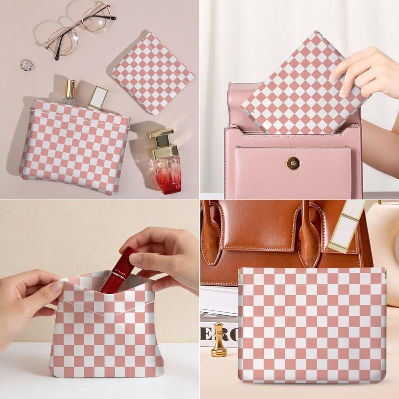 Makeup Bag Set - 2PCS PU Leather Cosmetic Organizer for Purse | Portable Self-Closing Toiletry Pouch - Pink Checkered